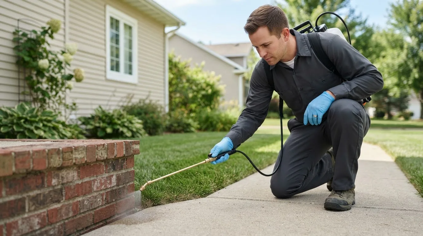 Pest control technician treating a home near Ashford, CT