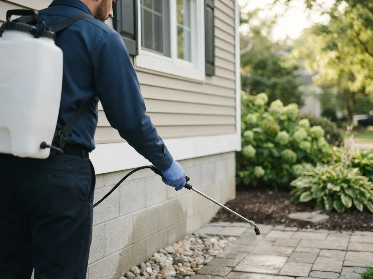 Pest control technician inspecting a home in Ashford, CT